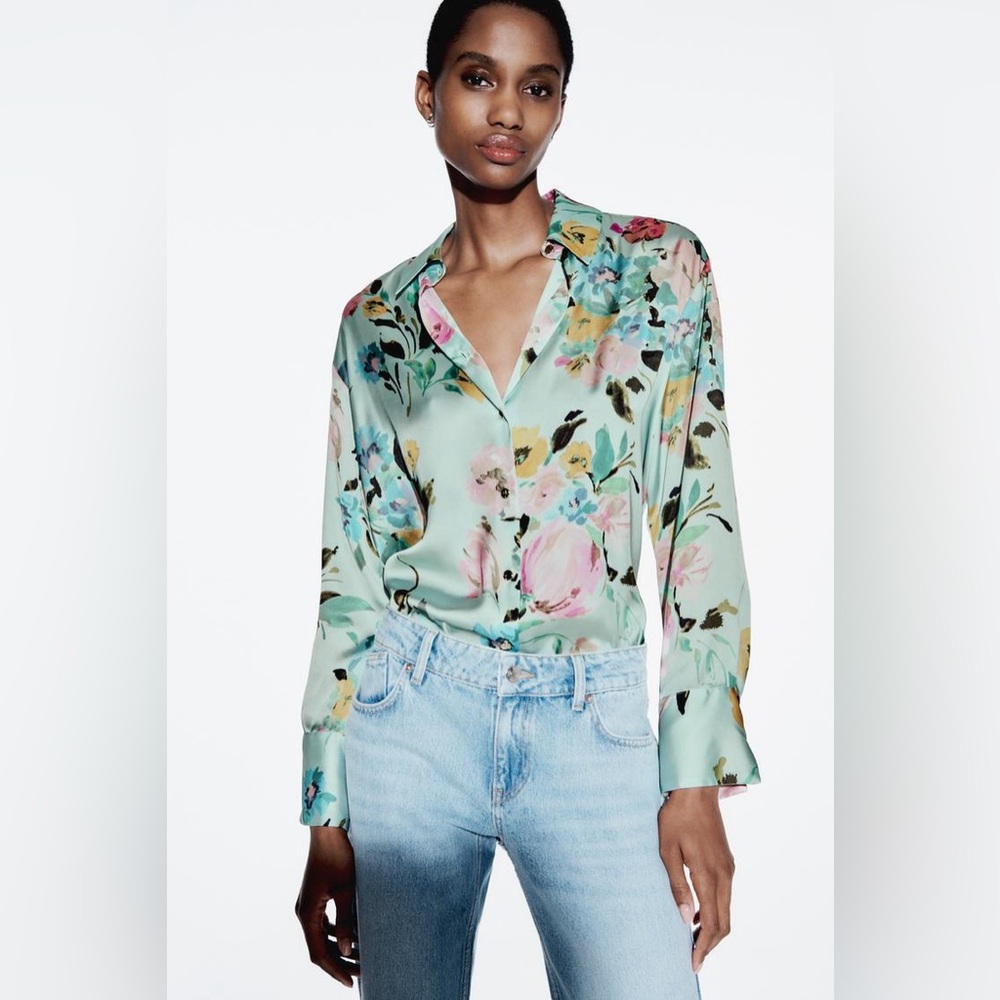 Zara‎ Floral Print Satin Shirt - Picture 3 of 17
